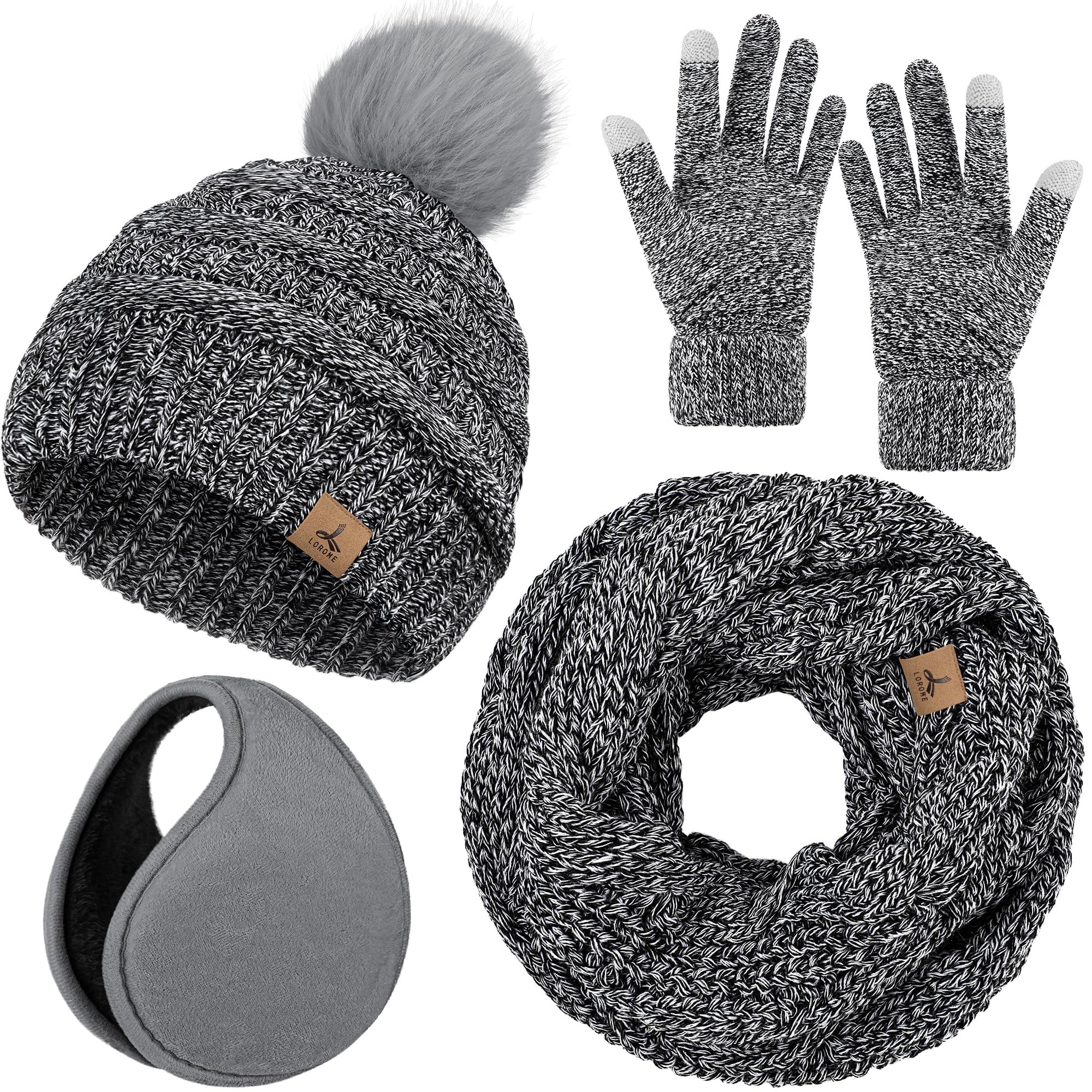 Winter Hat Scarf Gloves and Ear Warmer, Warm Knit Beanie Hat Touch Screen Gloves Set Winter Gifts Neck Scarves for Women